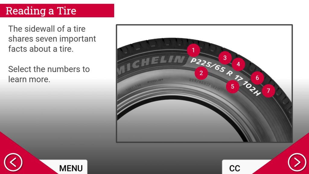 Sales Elearning: Interactive Design Tips 3 Tire sales elearning screen where the learner is asked to select numbers on the tire's sidewall to reveal important facts about the tire.